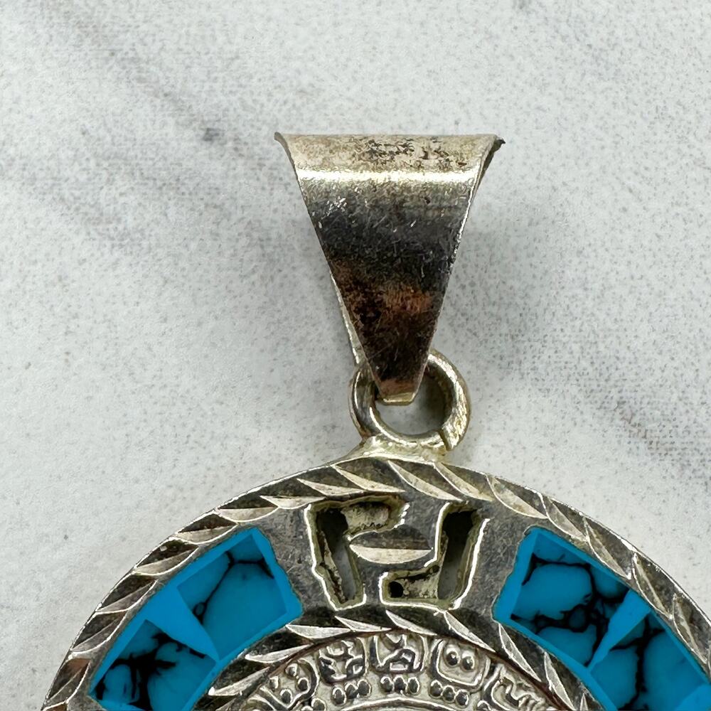Vintage Sterling Silver 925 Reversible Mayan Calendar Inlay Pendant ✨ - Picture 5 of 12